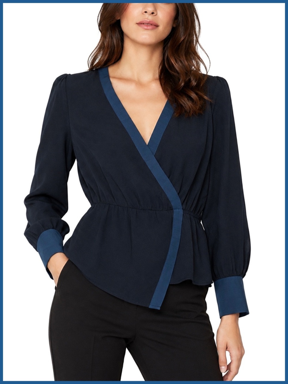 BCBGMaxAzria Faux Wrap Black Blue Trim Long Sleeve Top